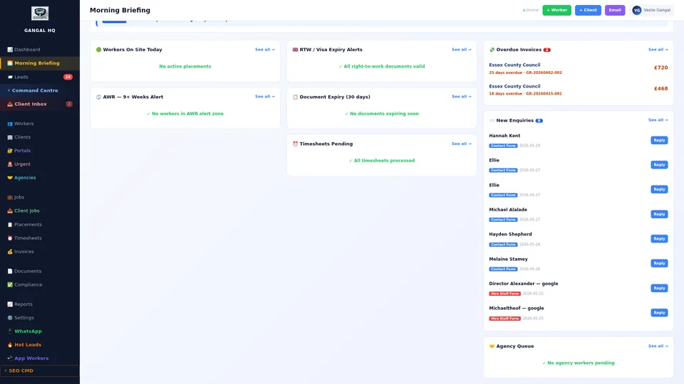 Morning tasks list with direct action links for documents, clients, and shift confirmations