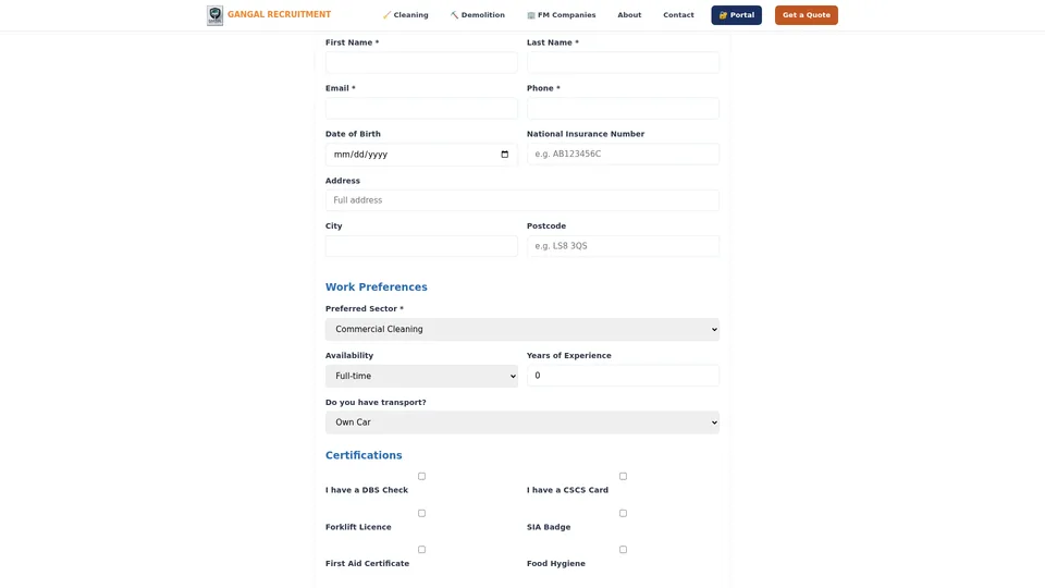 Lower section of worker registration form showing document upload, bank details and sector preferences